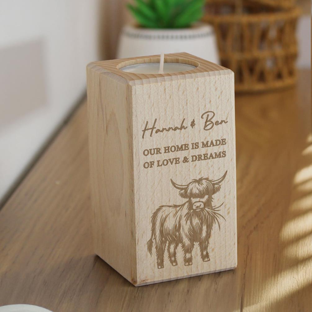 Personalised Highland Cow Wooden Tealight Holder Extra Image 1